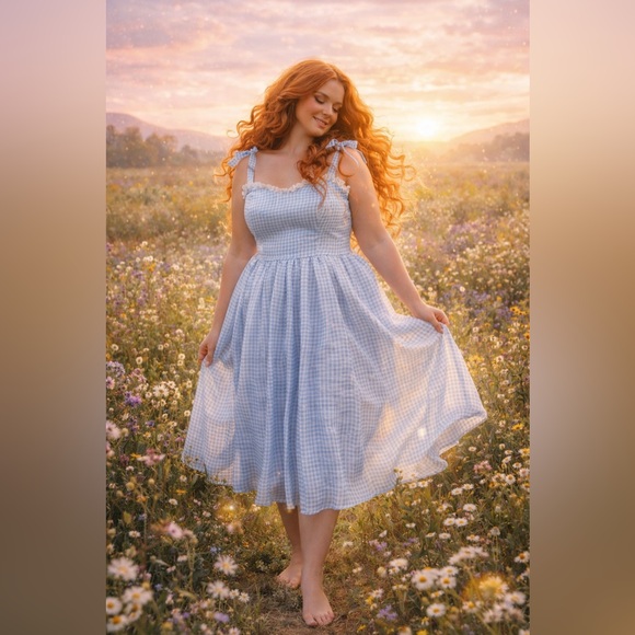 JessaKae Blue Gingham & Lace Priscilla Organza Midi Dress, 1x, NWT! - Picture 9 of 16